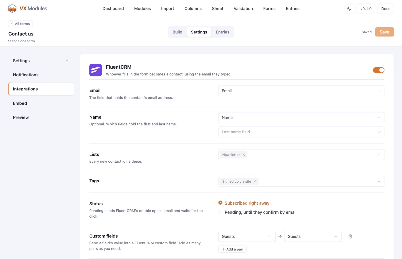 A form's Integrations page: FluentCRM on, with the email field, lists, tags, status, and custom field pairs.