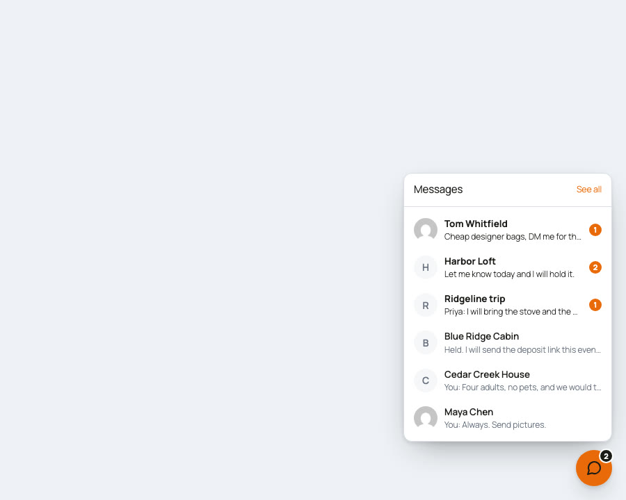The chat dock: the launcher with an unread count, and the conversation list open above it.