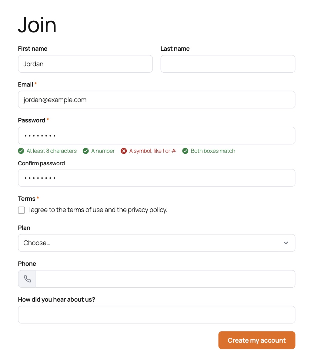 A registration form on the site, with the password checklist turning green as rules are met.